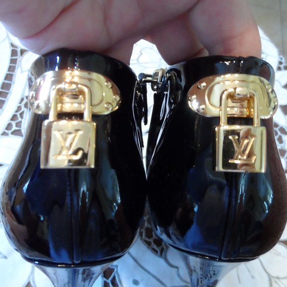 Louis Vuitton Black Patent Leather Peep Toe Ankle Boots Size 36.5B - Picture 11 of 16